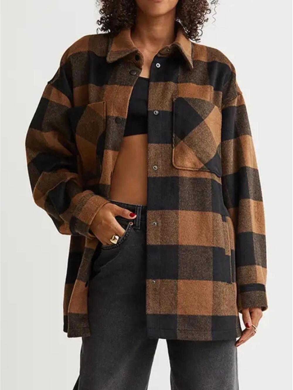 H&M / Oversized Buffalo Plaid Shacket Jacket / Brown Black